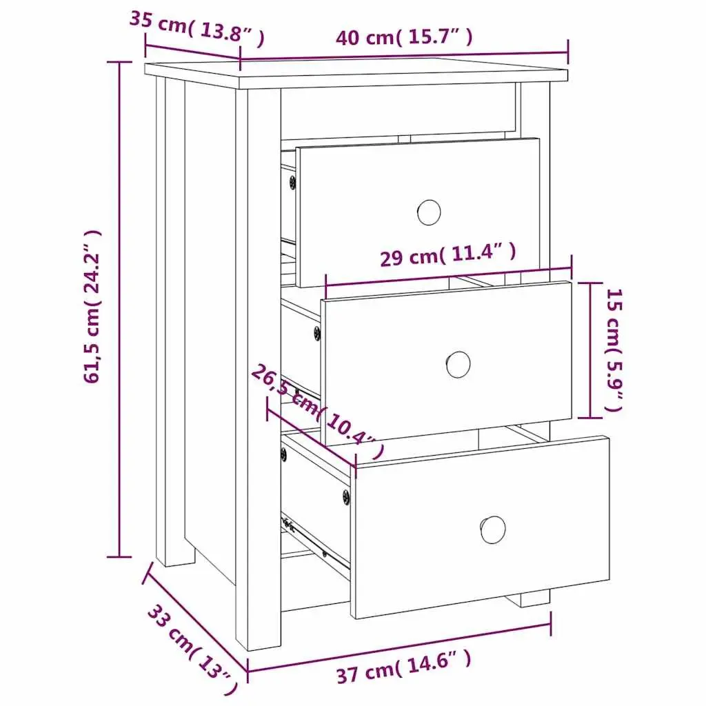 White Bedside Cabinets Solid Pine Wood with 3 Drawers 40x35x61.5 cm 2 Piece Set