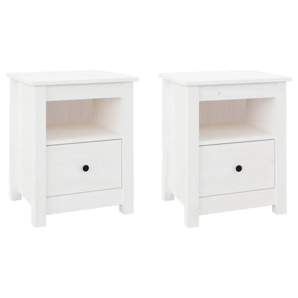 White Solid Pine Nightstand Storage Drawer Set 2 Piece Bedside Cabinets