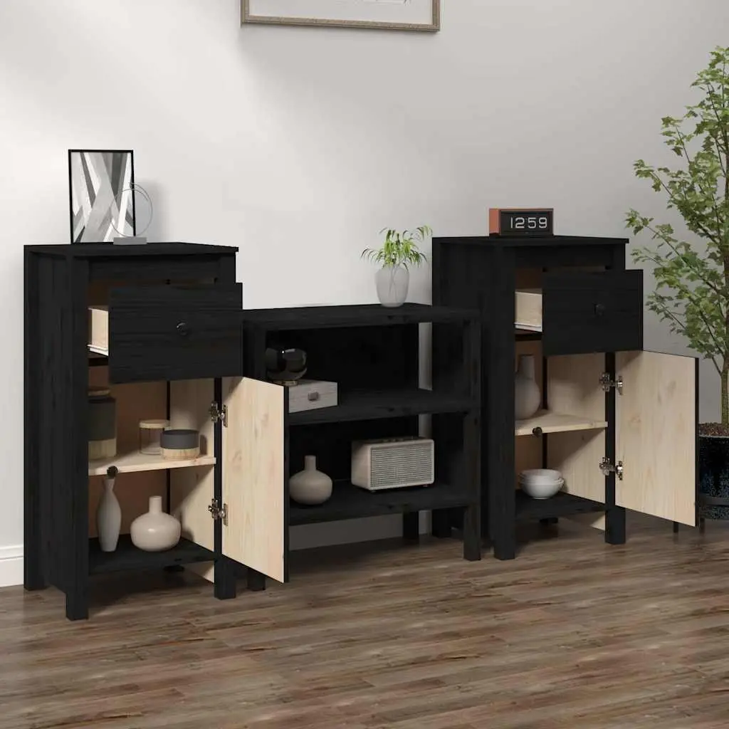 Solid Wood Pine Sideboards Black 40cm W x 35cm D x 80cm H Set of 2