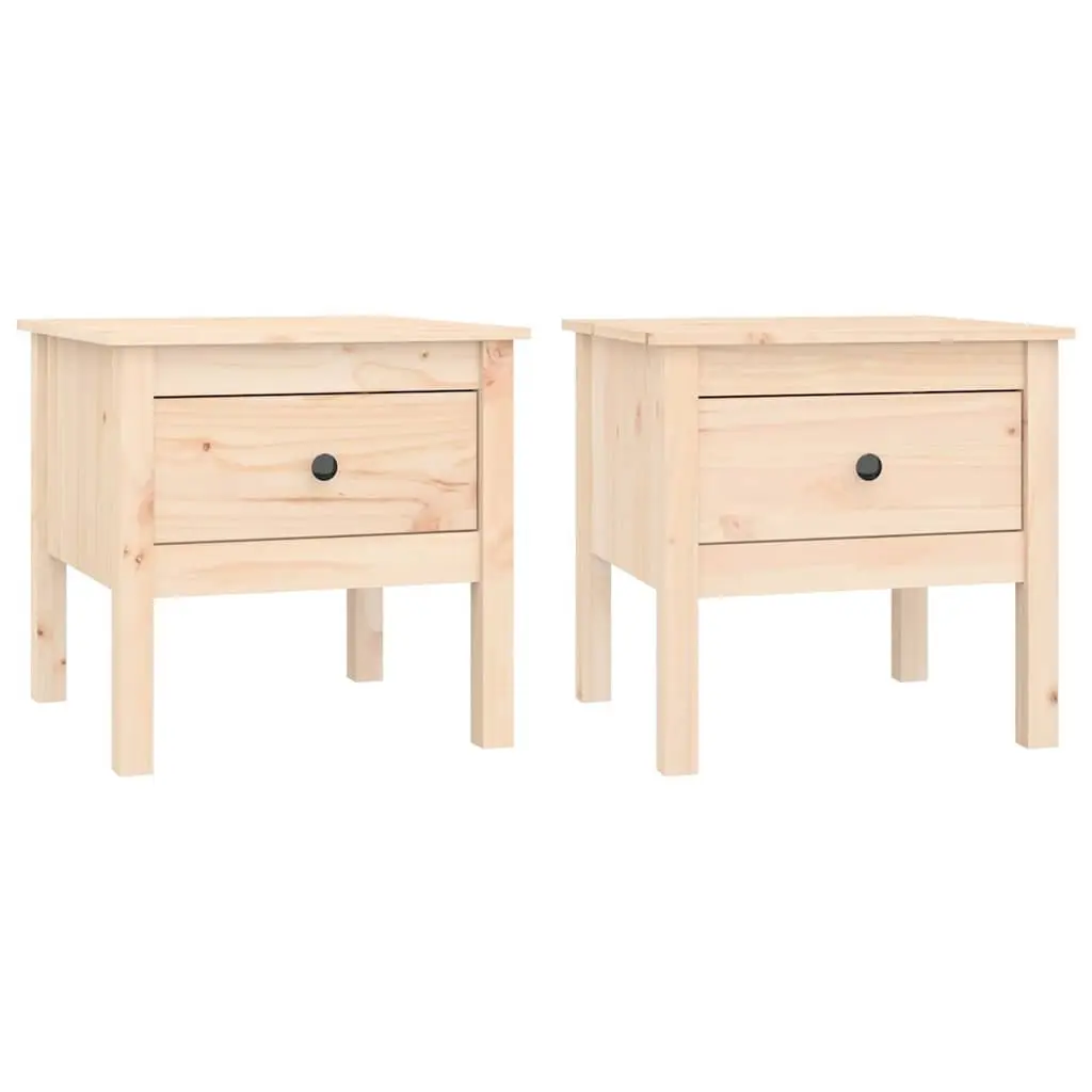 Set of 2 Side Tables Solid Pine Wood Brown End Table with Drawer Storage for Living Room