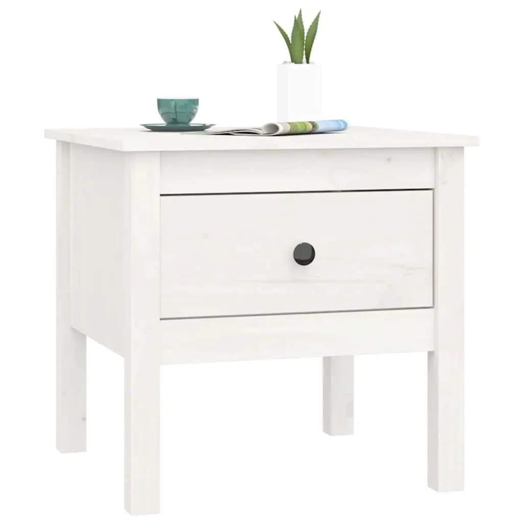 White Side Table Solid Pine Wood 50x50x49 cm Compact Drawer Storage Living Room Bedroom