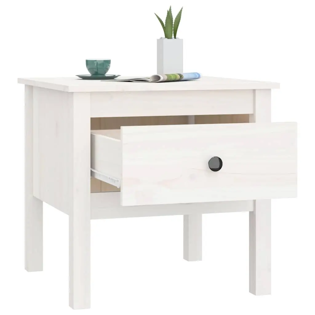 White Side Table Solid Pine Wood 50x50x49 cm Compact Drawer Storage Living Room Bedroom