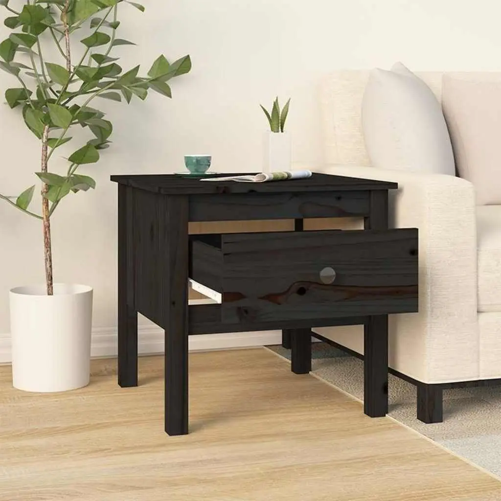 Black Bedside Tables Solid Pine Wood 50x50x49 cm 2 Piece with Drawer Storage