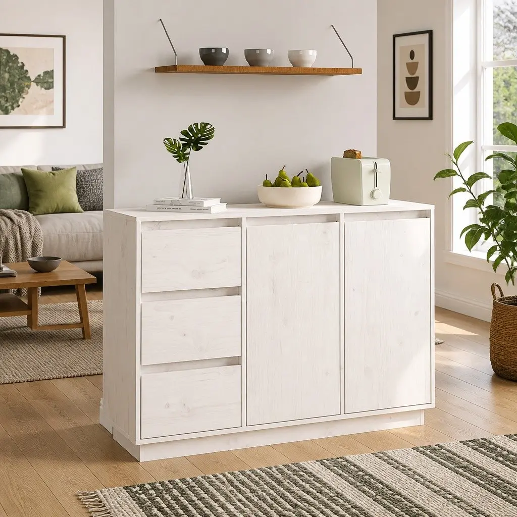 White Solid Pine Wood Storage Cabinet Sideboard with 2 Doors and 3 Drawers for Living Room