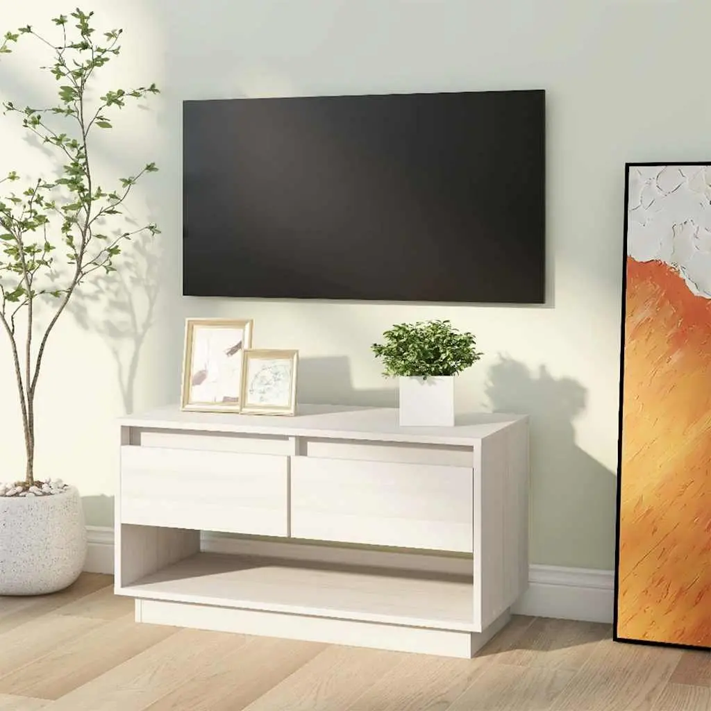 Wooden TV Cabinet Solid Pine White 74x34x40cm Storage Unit with Two Drawers and Large Compartment for Media and Accessories