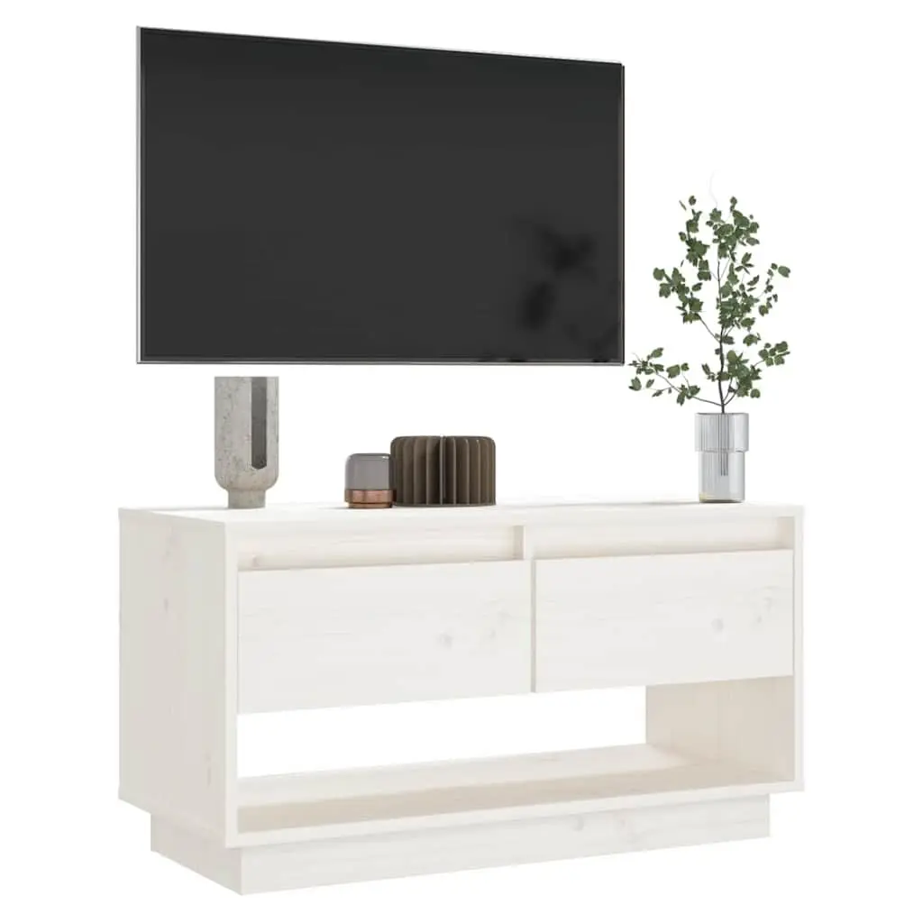 Wooden TV Cabinet Solid Pine White 74x34x40cm Storage Unit with Two Drawers and Large Compartment for Media and Accessories
