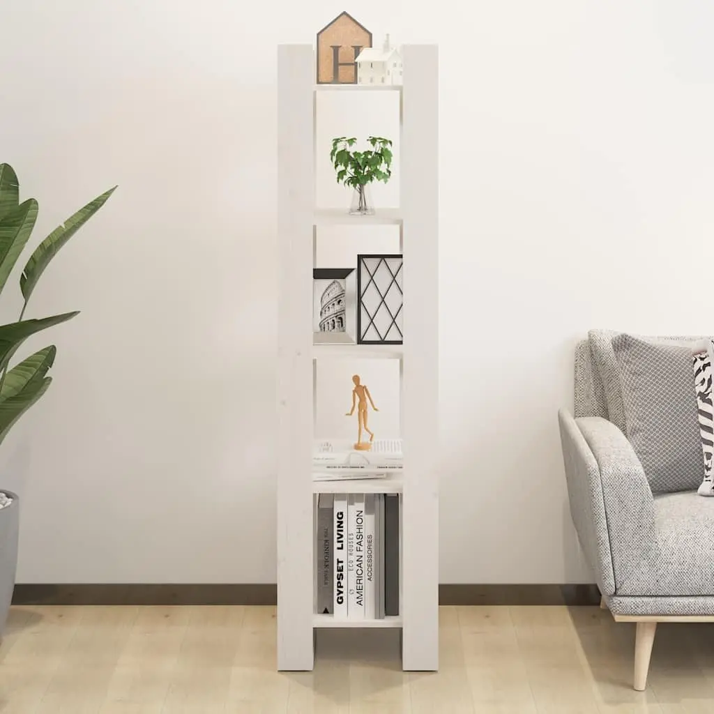 White Book Cabinet Open Shelving Unit Solid Pinewood 41x35x160 cm Room Divider