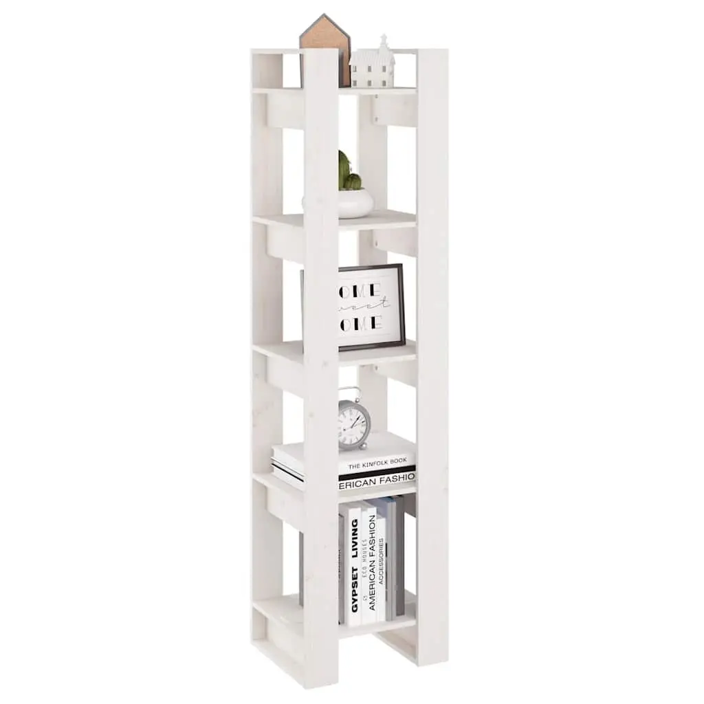 White Book Cabinet Open Shelving Unit Solid Pinewood 41x35x160 cm Room Divider