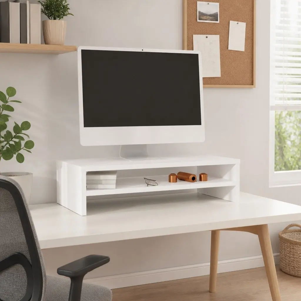 Monitor Stand Solid Pine Wood White Riser Desk Storage Shelf