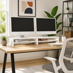 Monitor Stand White Solid Wood Pine Desk Riser Storage Shelves 100x24x13cm