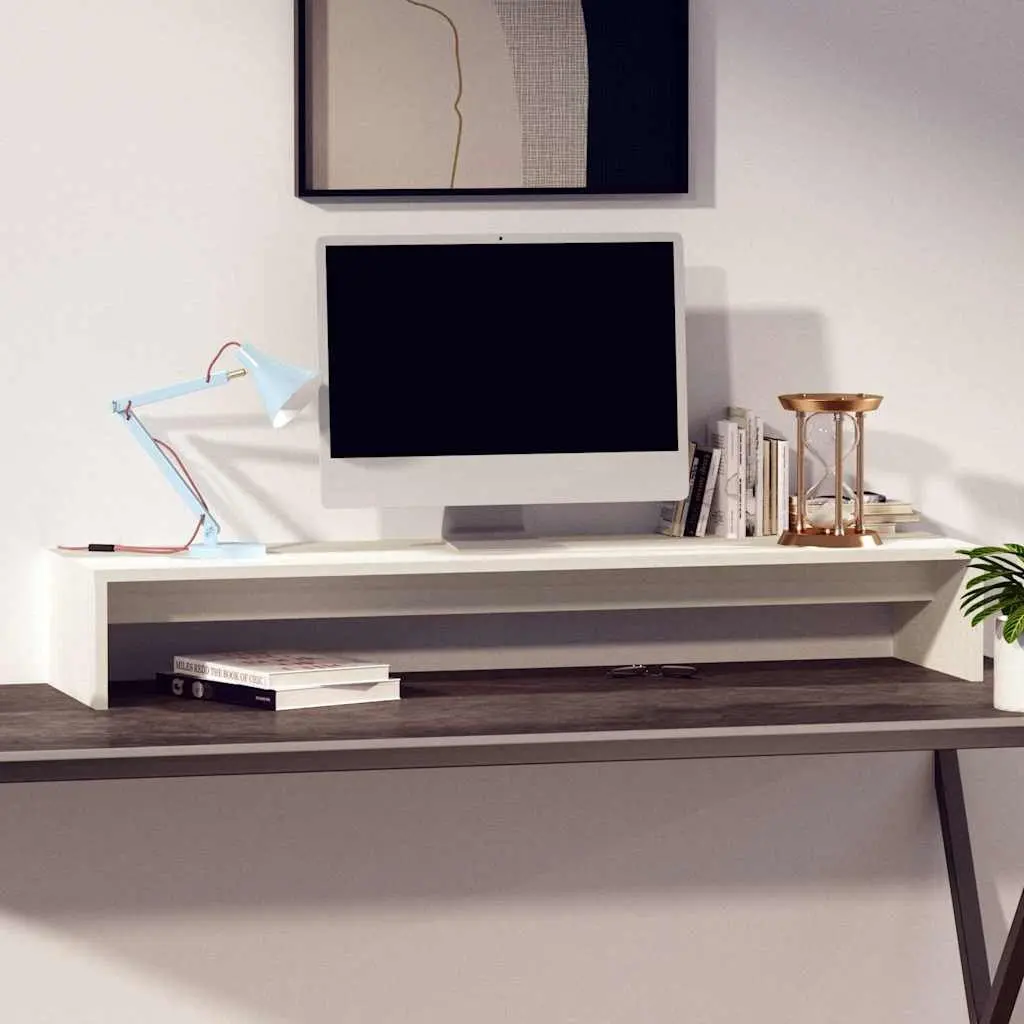 White Monitor Stand Solid Pine Wood 100x27x15cm Ergonomic Desktop Riser Desk Organizer
