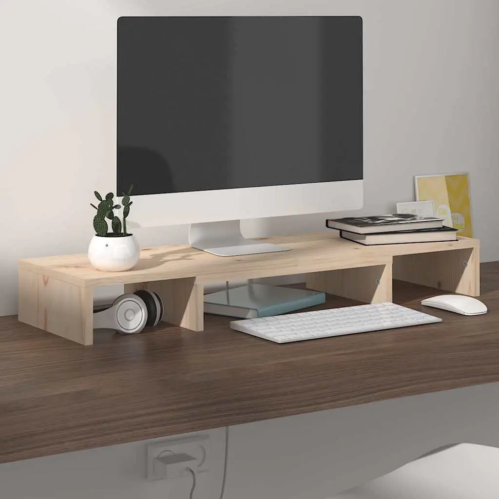 Monitor Stand Solid Wood Pine Riser Desk Organizer Storage Shelves Brown 80cm