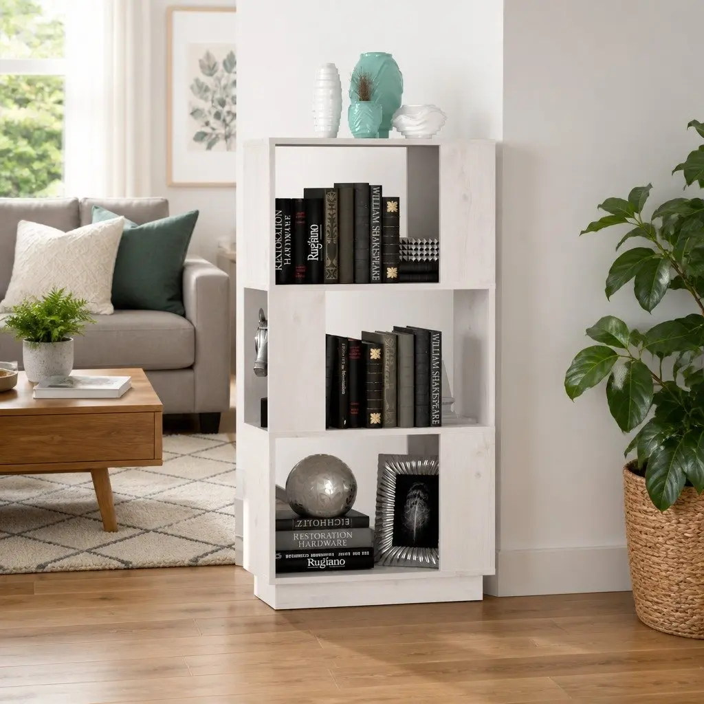 Bookcase Room Divider Solid Pine Wood White Ample Storage 51x25x101cm