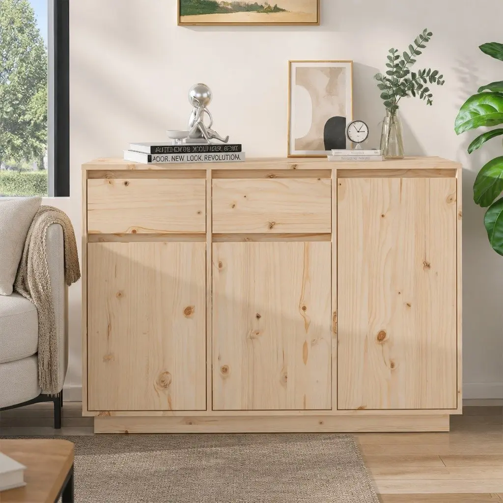 Storage Cabinet Solid Pine Wood 110cm Brown Sideboard with 2 Drawers and 3 Doors for Home Organization