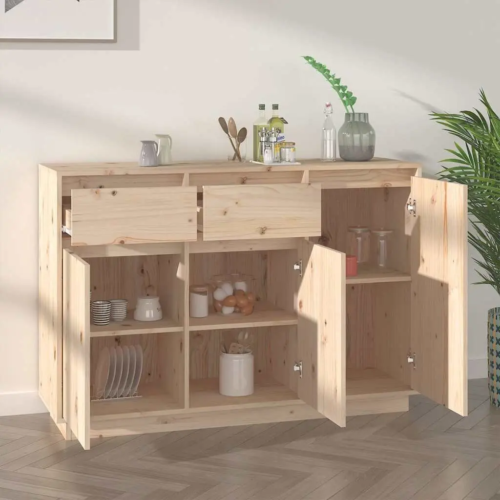Storage Cabinet Solid Pine Wood 110cm Brown Sideboard with 2 Drawers and 3 Doors for Home Organization