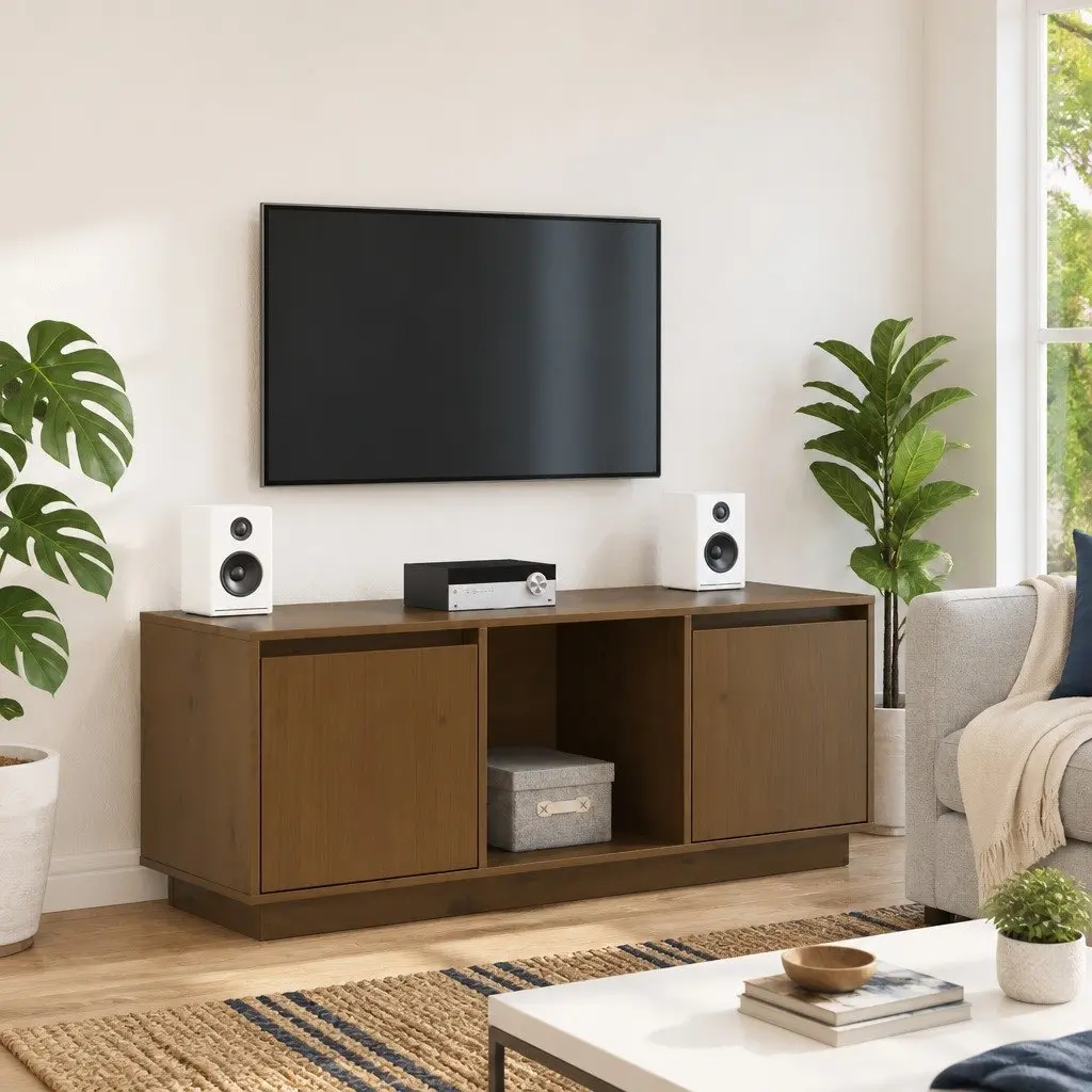 Honey Brown Solid Pine Wood TV Stand Media Storage Unit with Multiple Compartments for Living Room