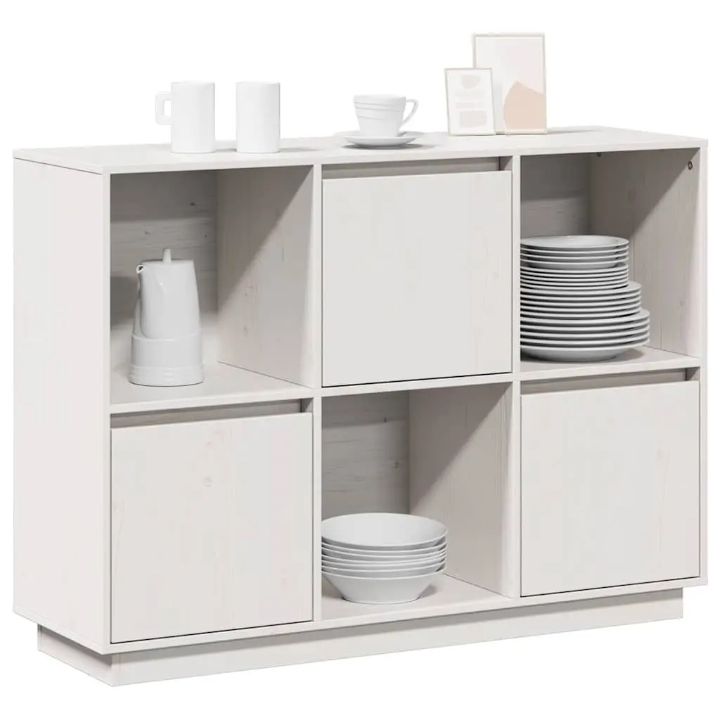 White Sideboard 110.5x35x80cm Solid Pine Wood Cabinet 3 Doors Storage Furniture