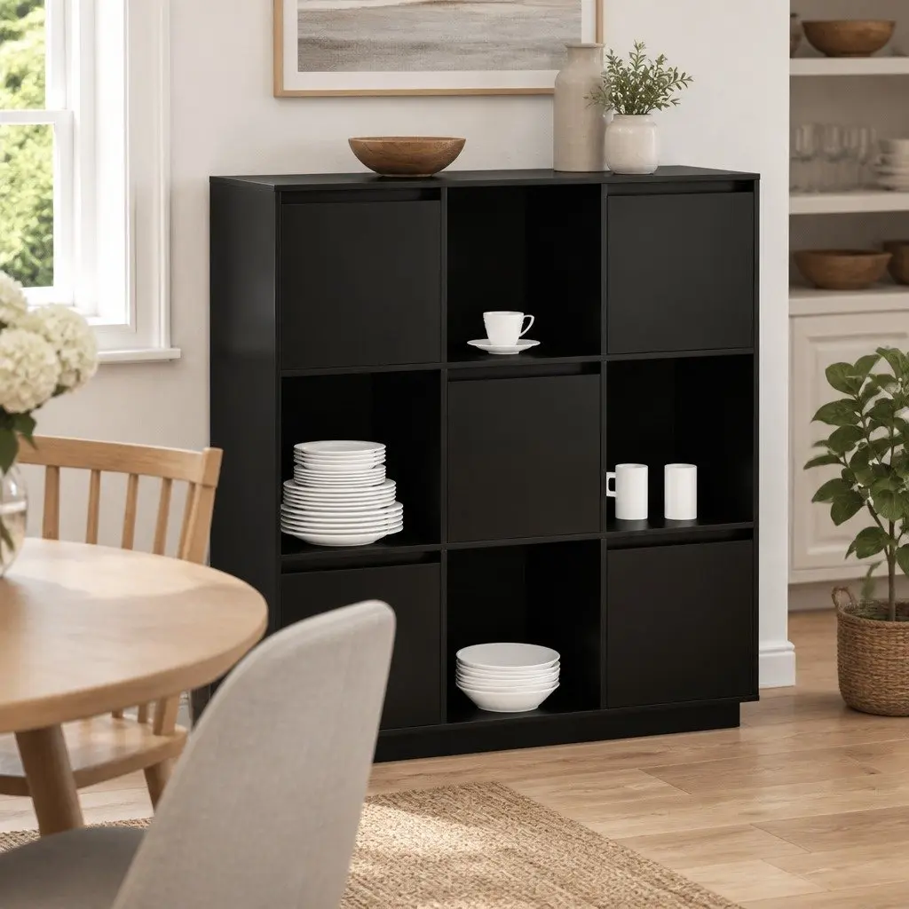 Highboard Solid Pine Wood 110.5x35x117 cm Black Storage Cabinet with 5 Doors