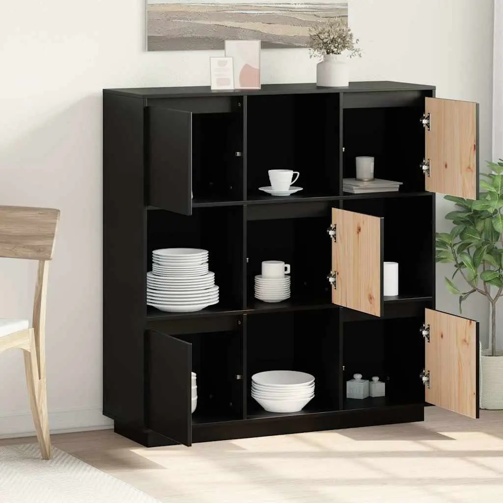 Highboard Solid Pine Wood 110.5x35x117 cm Black Storage Cabinet with 5 Doors