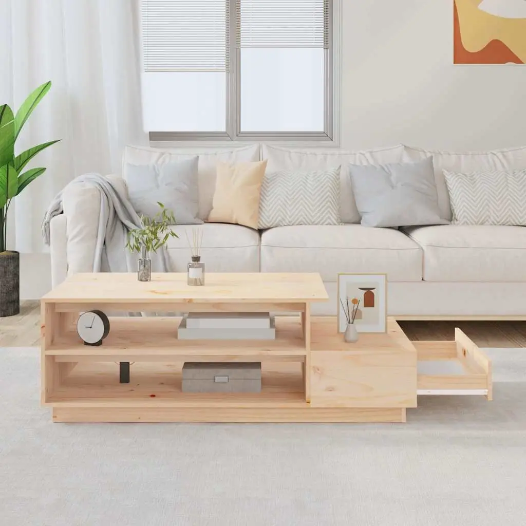 Coffee Table Solid Pine Wood Brown 120cm x 50cm x 40.5cm With Storage Drawer and Compartments