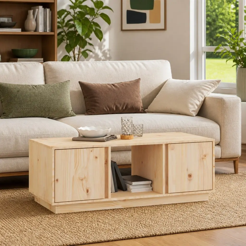 Coffee Table Solid Pine Wood Brown 110x50x40cm with 2 Doors and 3 Storage Compartments