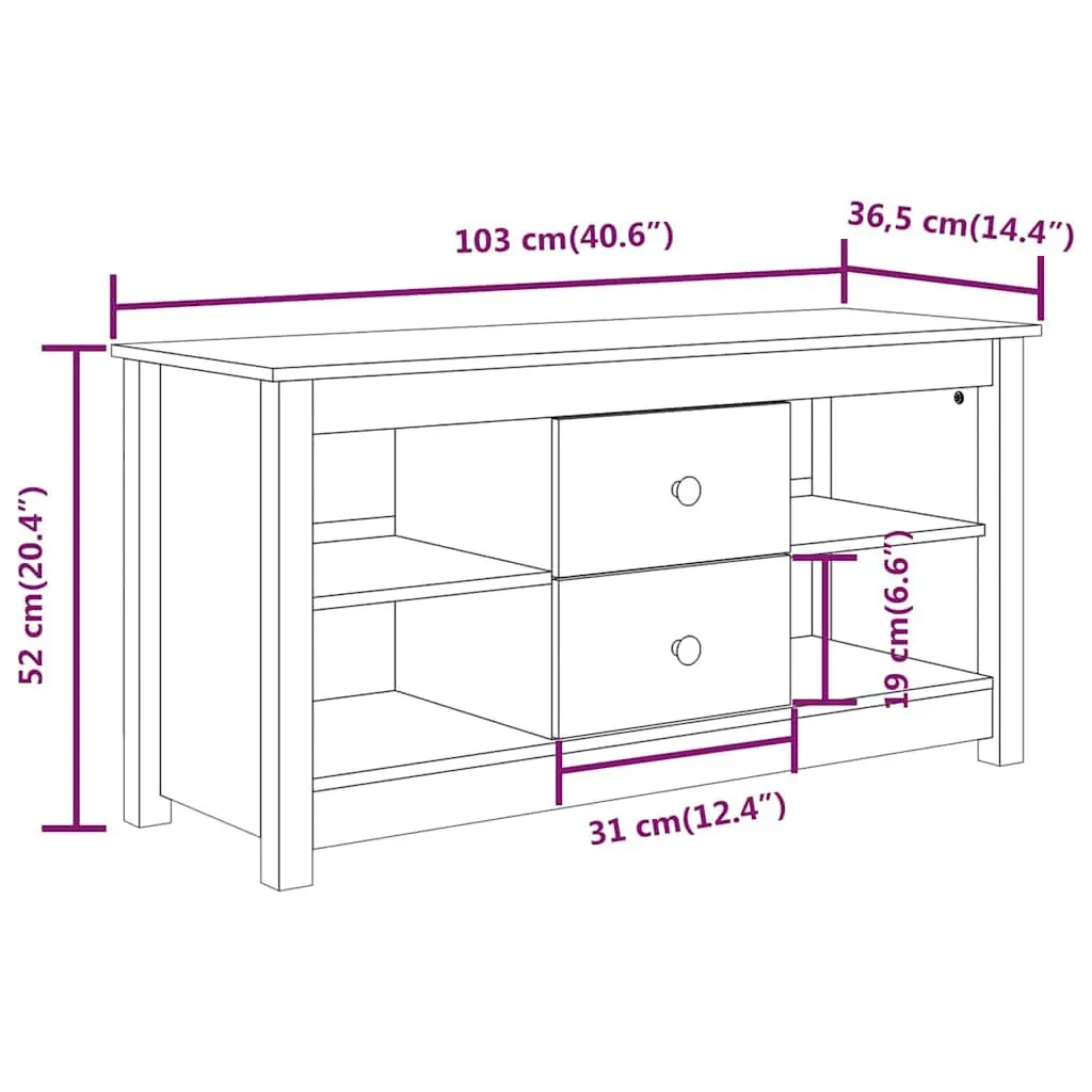 Brown TV Cabinet Solid Pine Wood Storage Unit with 2 Drawers and 4 Open Compartments 103x36.5x52 cm