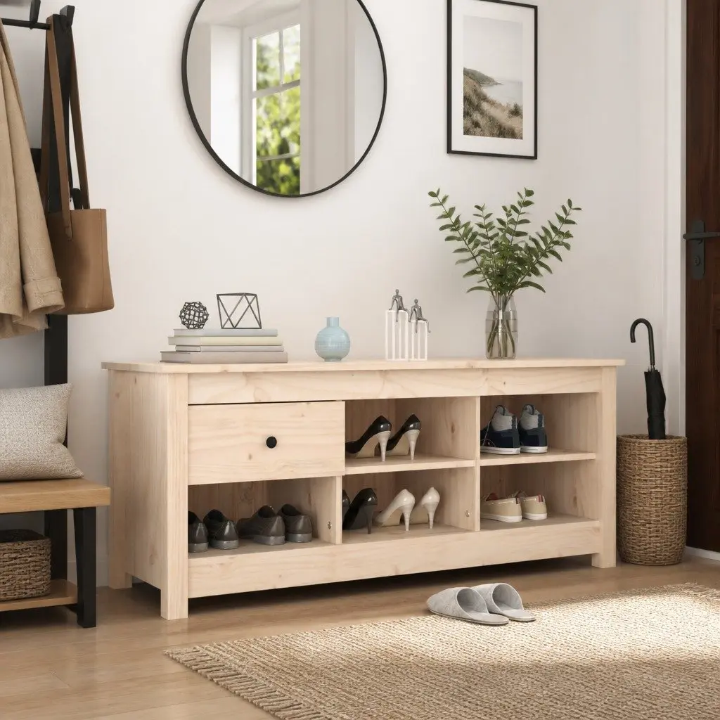 Shoe Storage Cabinet Brown Solid Pine Wood 110x38x45.5 cm Organiser with 5 Compartments and Drawer