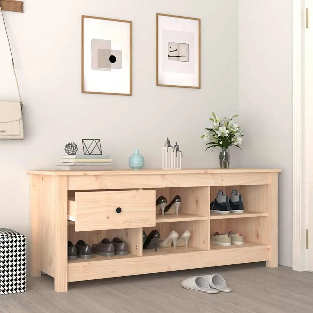 Shoe Storage Cabinet Brown Solid Pine Wood 110x38x45.5 cm Organiser with 5 Compartments and Drawer