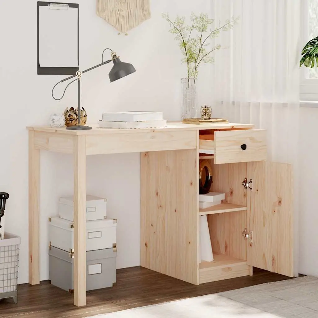 Solid Wood Pine Desk 100x50x75cm Brown Office Study Writing Table Drawer Cabinet