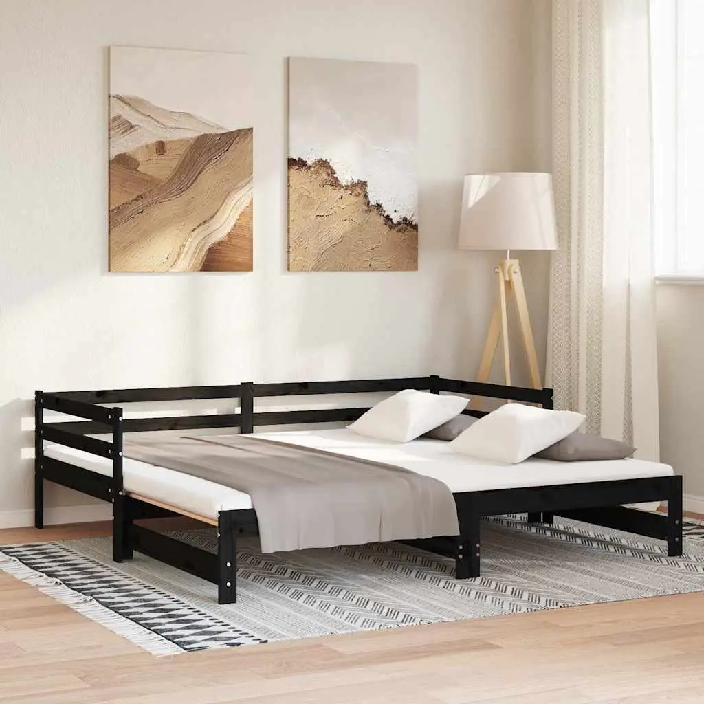 Pull-Out Day Bed Wooden Sofa Bed Frame Black Slatted Design 90x190 cm No
