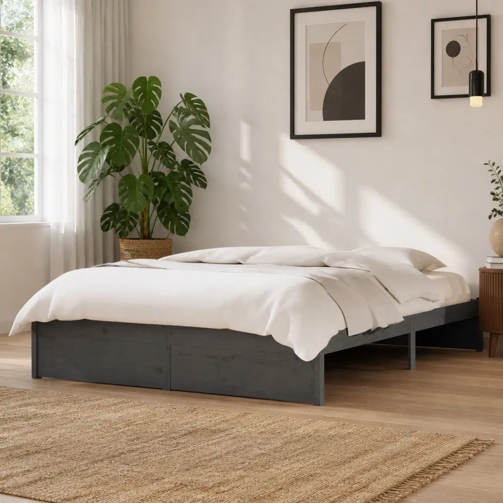 Solid Wood Bed Frame Grey 135x190 cm Slatted Base Modern Bedroom Furniture