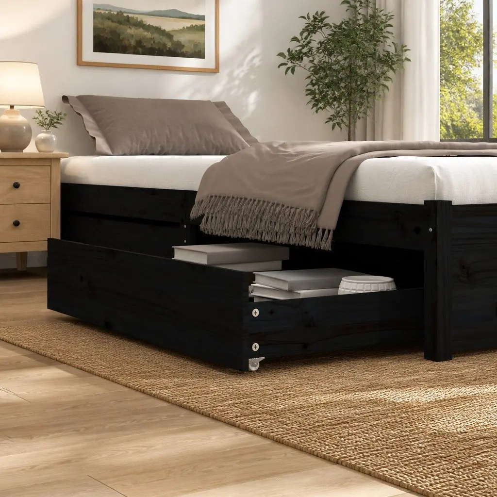 Under Bed Storage Drawers Solid Pine Wood Black 2 Piece