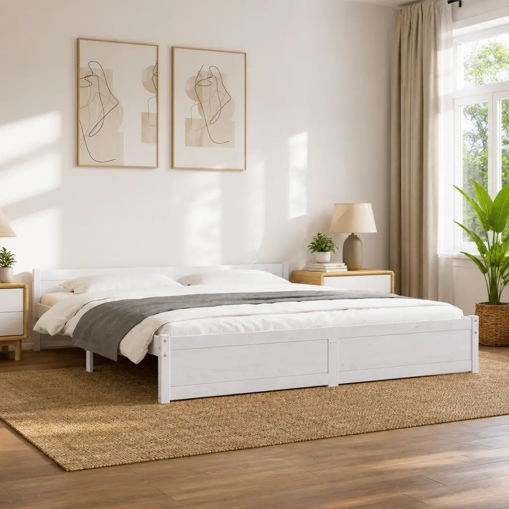 King Bed Frame Solid Pine Wood Slatted Base 183x203cm White Modern Bedroom Furniture