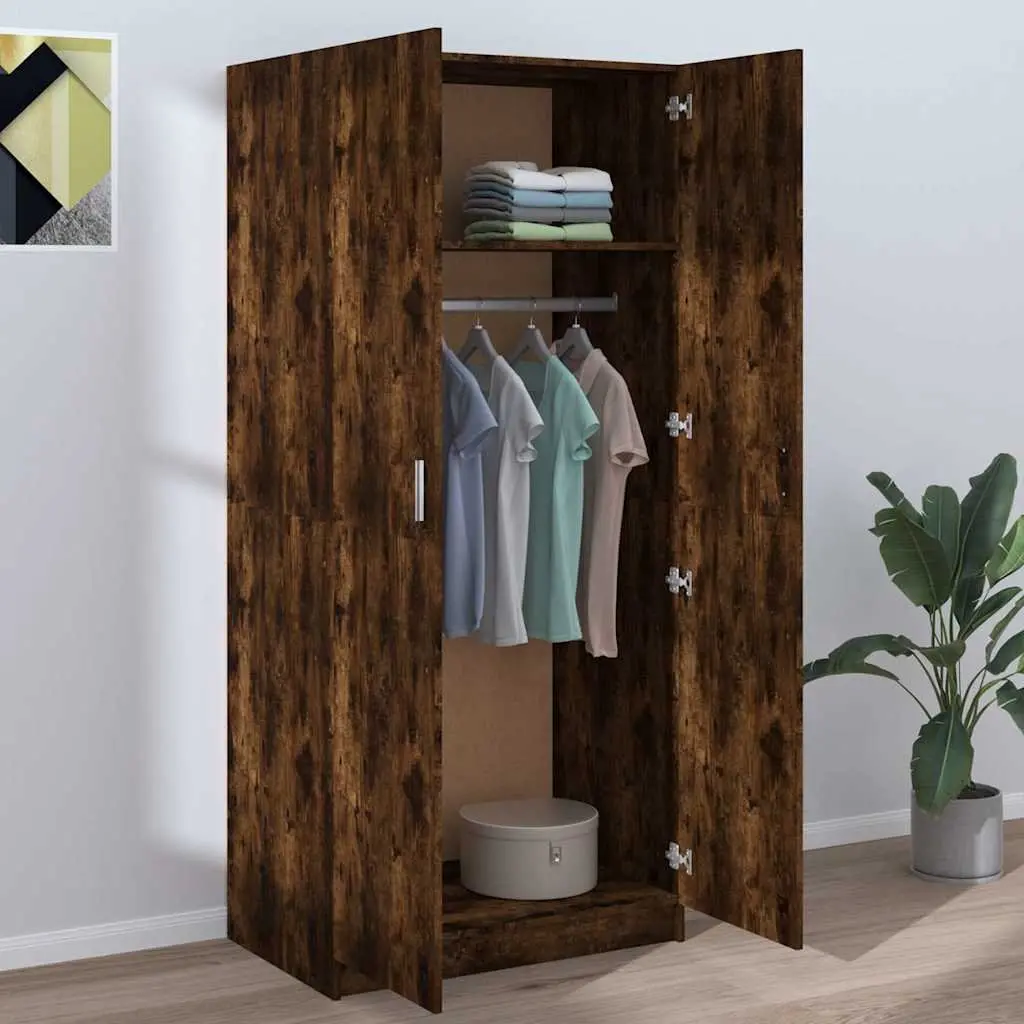 Smoked Oak Wardrobe Cupboard Engineered Wood 80x52x180 cm Storage Cabinet with Two Doors and Internal Hanging Rod