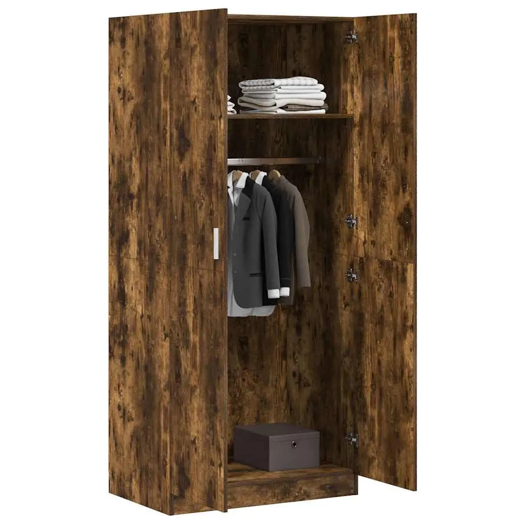 Smoked Oak Wardrobe Cupboard Engineered Wood 80x52x180 cm Storage Cabinet with Two Doors and Internal Hanging Rod