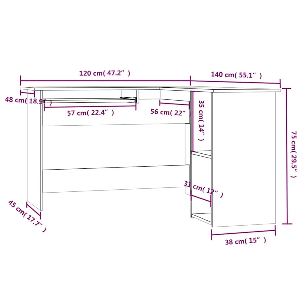 L Shaped Desk Engineered Wood Brown 120x140cm Modern Workstation with Sliding Keyboard Section and 2 Open Shelves