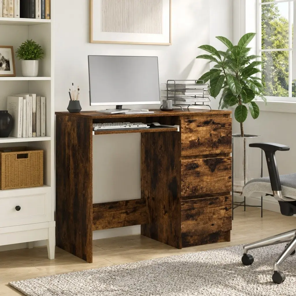 Brown Office Desk Engineered Wood Storage Drawers Study Workstation 90x45x76cm