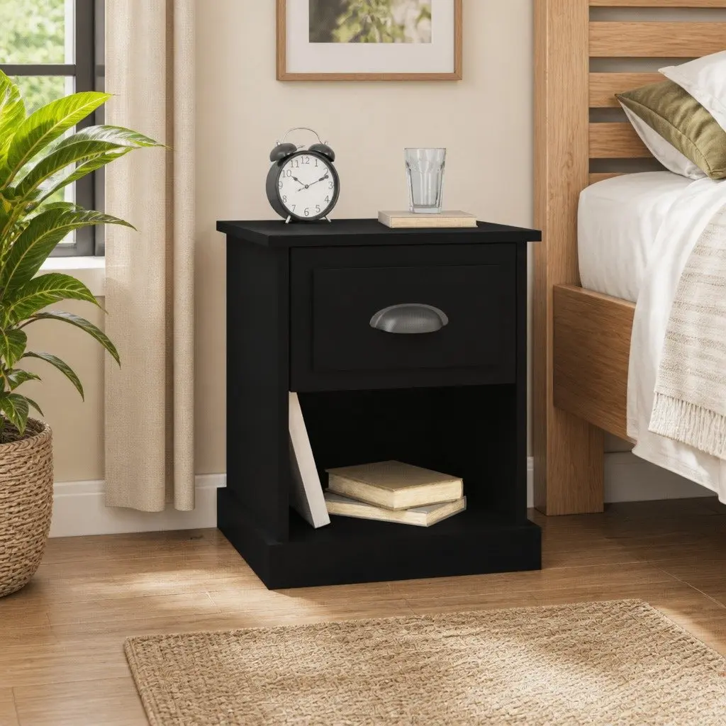 Black Bedside Table Engineered Wood 39x39x47.5 cm Nightstand Storage Drawer