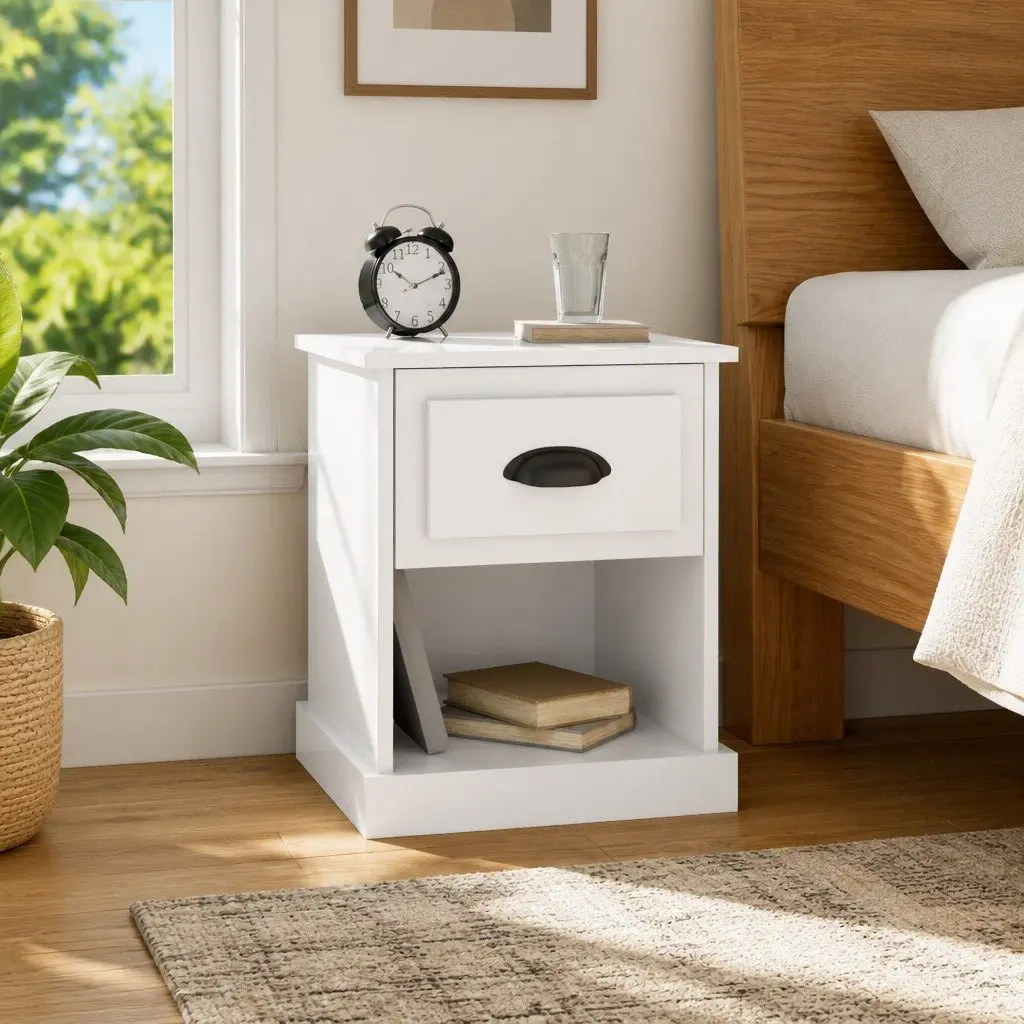 Bedside Cabinets Set of 2 White High Gloss Nightstand Storage Drawer Compartment