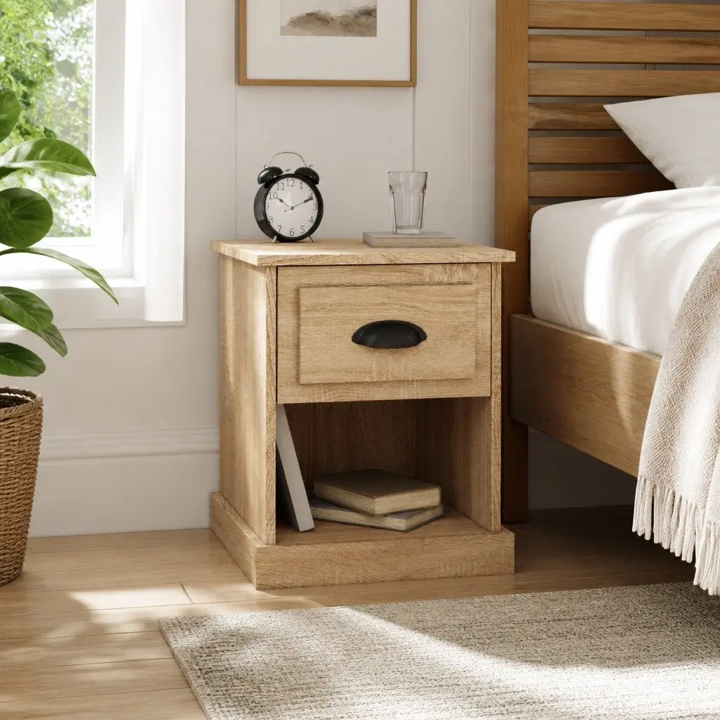 2 Piece Bedside Cabinet Brown Engineered Wood Nightstand with Drawer and Open Compartment 39x39x47.5cm for Bedroom Living Room Storage