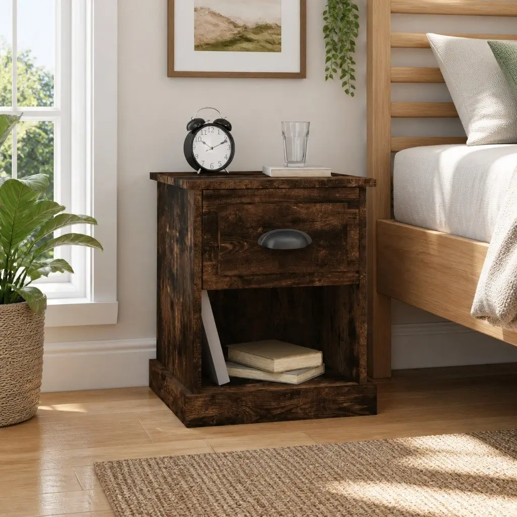2 Piece Bedside Tables Engineered Wood Smoked Oak Nightstand with Drawer and Open Compartment 39x39x47.5cm