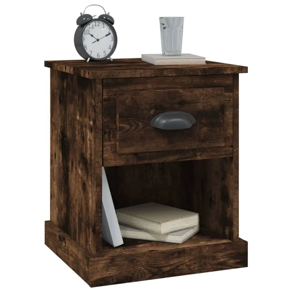 2 Piece Bedside Tables Engineered Wood Smoked Oak Nightstand with Drawer and Open Compartment 39x39x47.5cm
