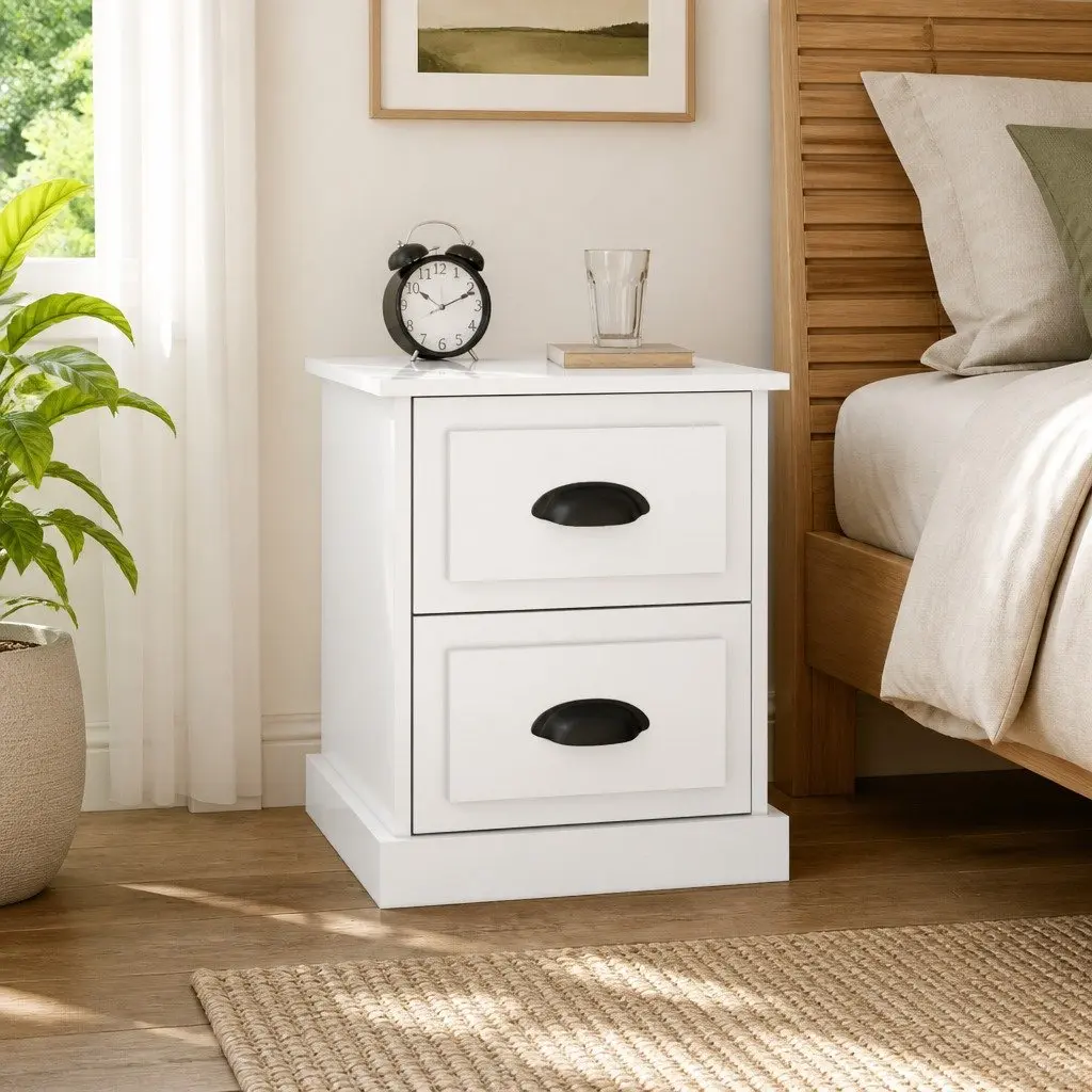 Bedside Cabinet Engineered Wood 2 Drawer White Gloss Storage Table