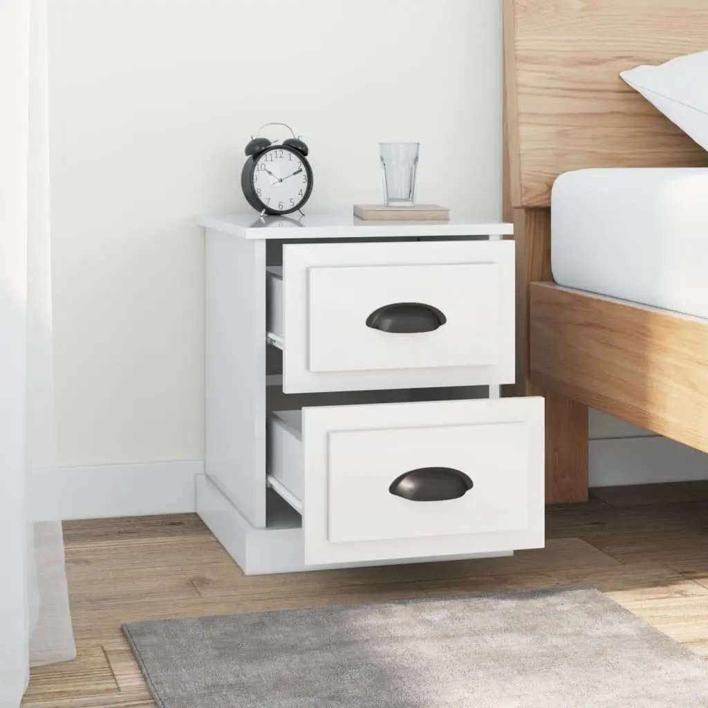 Bedside Cabinet Engineered Wood 2 Drawer White Gloss Storage Table