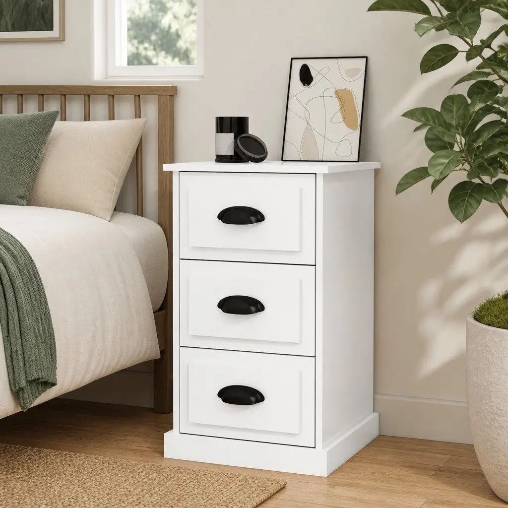 Bedside Cabinet White High Gloss 3 Drawer Nightstand Storage Table Engineered