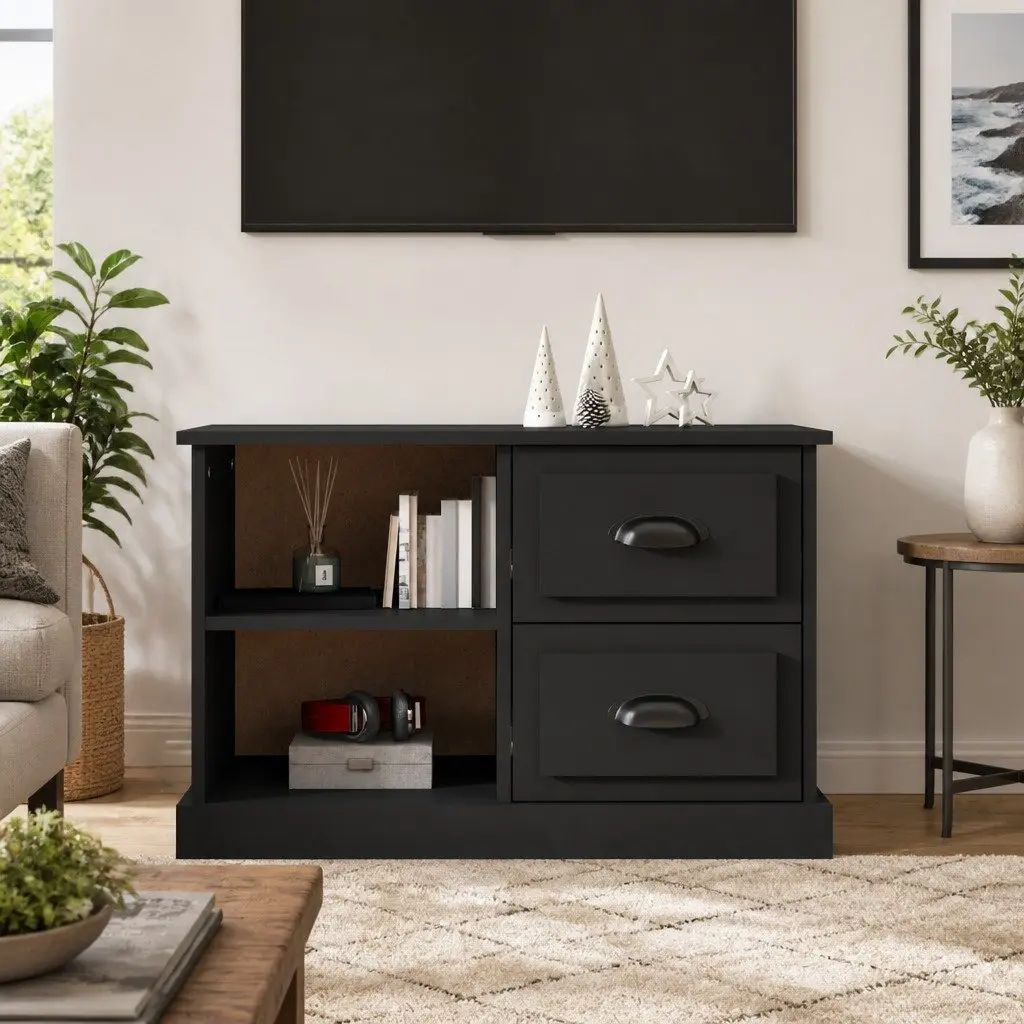 TV Cabinet Engineered Wood 73x35.5x47.5 cm Black with 2 Drawers Open Compartments