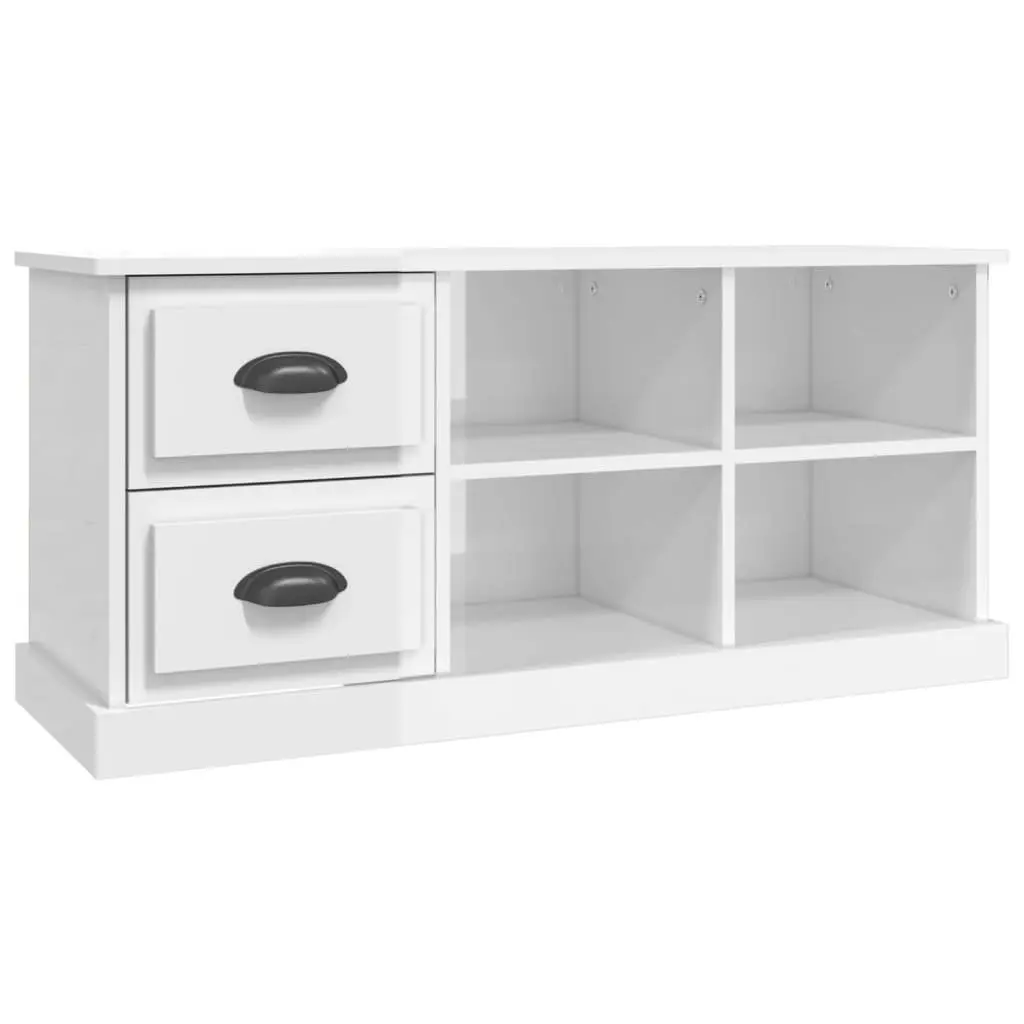 TV Stand Engineered Wood High Gloss White 102cm 2 Drawers 4 Open Compartments for Living Room