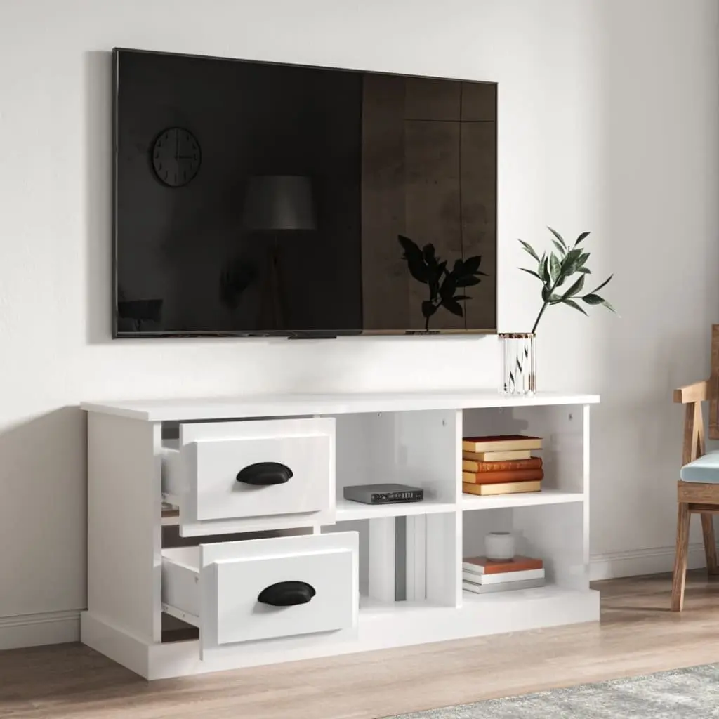 TV Stand Engineered Wood High Gloss White 102cm 2 Drawers 4 Open Compartments for Living Room