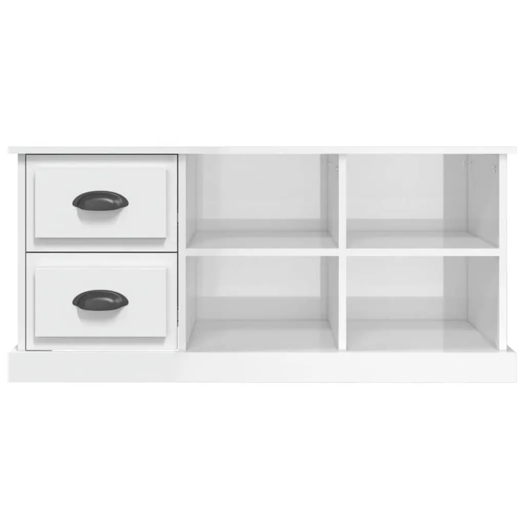TV Stand Engineered Wood High Gloss White 102cm 2 Drawers 4 Open Compartments for Living Room