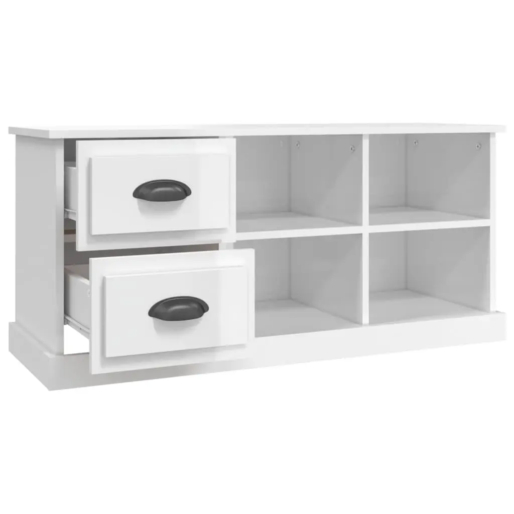 TV Stand Engineered Wood High Gloss White 102cm 2 Drawers 4 Open Compartments for Living Room
